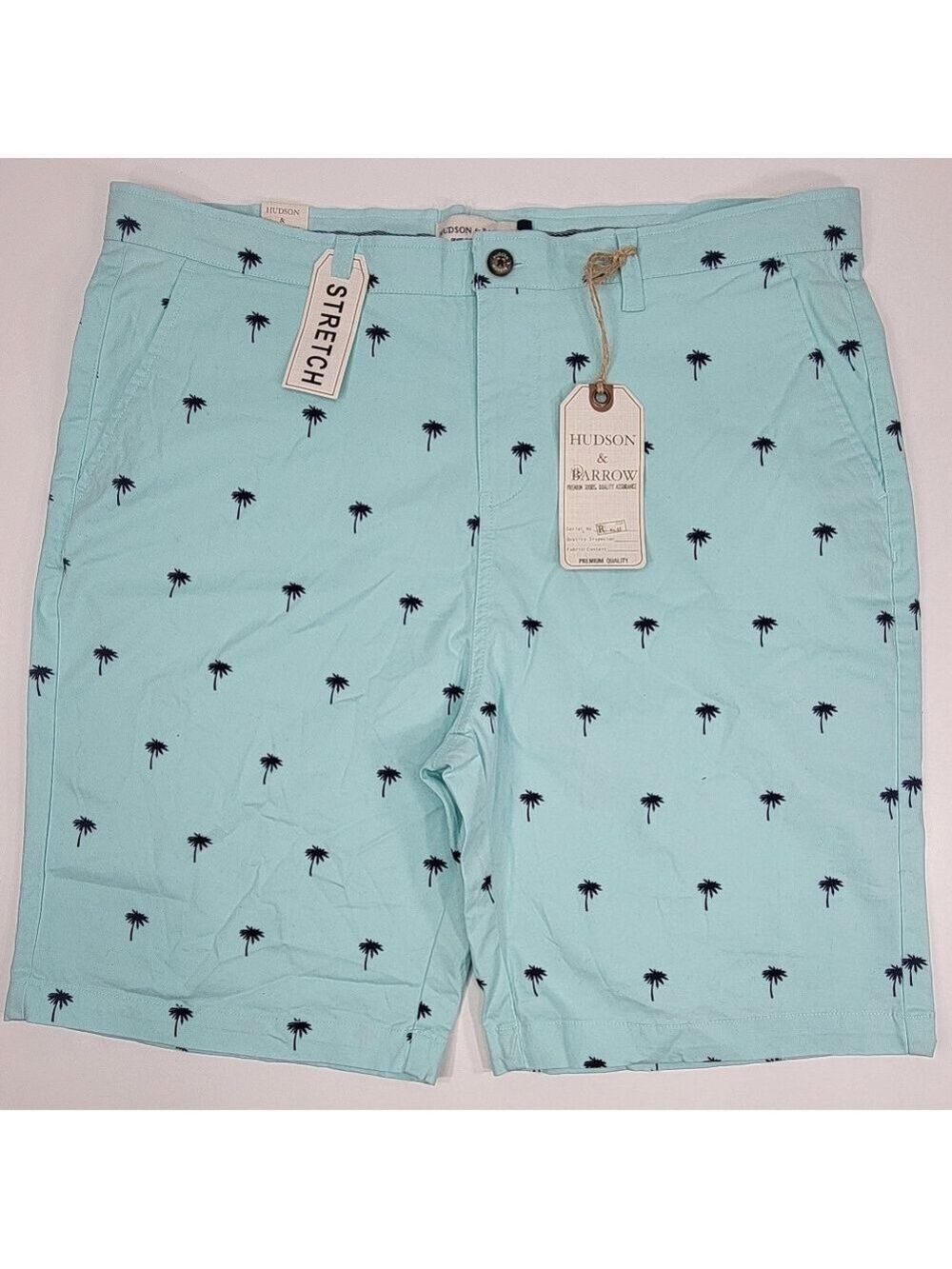 NEW Hudson & Barrow Shorts Mens 38 Aqua Blue Palm Tree Twill Chino Stretch NWT